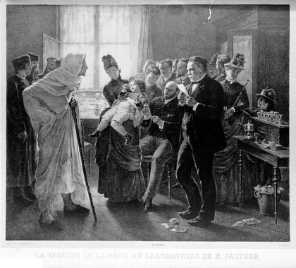 Rabies vaccination in Pasteur's laboratory in Paris. Lithograph by F. Pirodon, 188-, after L.-L. Gsell.