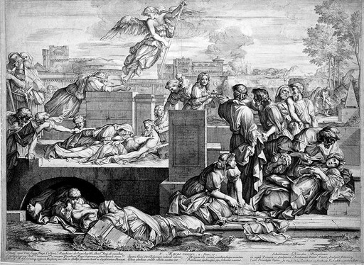 One of the seven Acts of Mercy: Heal the sick. Line engraving by S. Bourdon after himself.