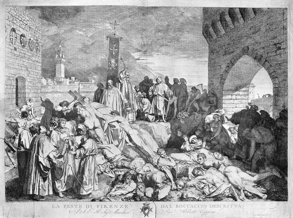 The plague of Florence, 1348; an episode in the Decameron by Boccaccio. Etching by L. Sabatelli the elder after G. Boccaccio.