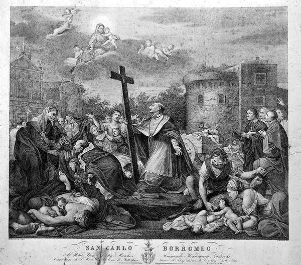 Saint Carlo Borromeo praying to the Virgin on behalf of victims of the plague in Milan, 1576. Engraving by A. Boccabadati after A. Malatesta after M.A. Franceschini.
