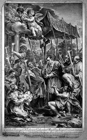 Saint Carlo Borromeo, with a rope around his neck, carrying a cross through the plague-ridden streets of Milan in 1576. Engraving by J. Frey, 1749, after Pietro da Cortona.