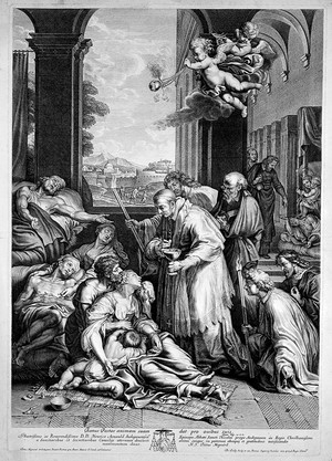 view Saint Carlo Borromeo administering communion to victims of the plague in Milan of 1576. Line engraving by F. de Poilly after P. Mignard.