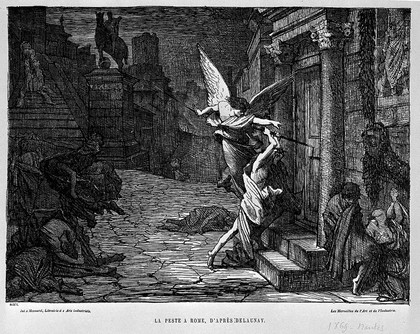 The angel of death striking a door during the plague of Rome. Reproduction of a wood engraving by P. Noël after J. Delaunay.