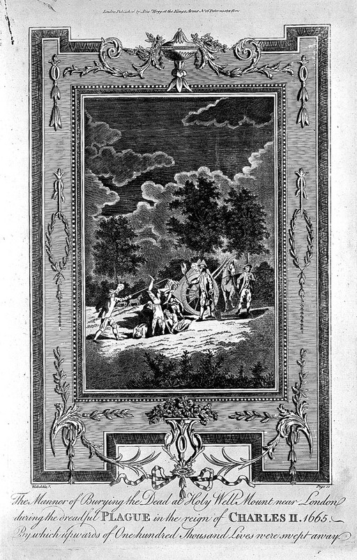 Burying the victims of the plague in 1665. Engraving by Page