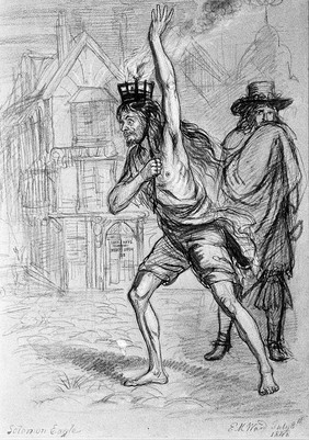 Solomon Eagle striding through plague ridden London with burning coals on his head, trying to fumigate the air. Chalk drawing by E.M. Ward, 1848.