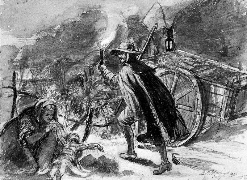 A man with a torch walking alongside a cart of plague victims; a woman is holding a dead child. Chalk drawing by E.M. Ward, 1848., 1848, by Edward Matthew Ward