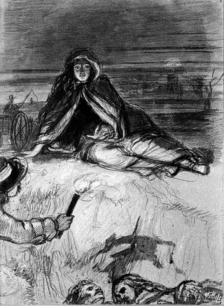 A woman seated on the ground, torchbearer to left, below heads of plague victims. Chalk drawing by E.M. Ward, 1848.