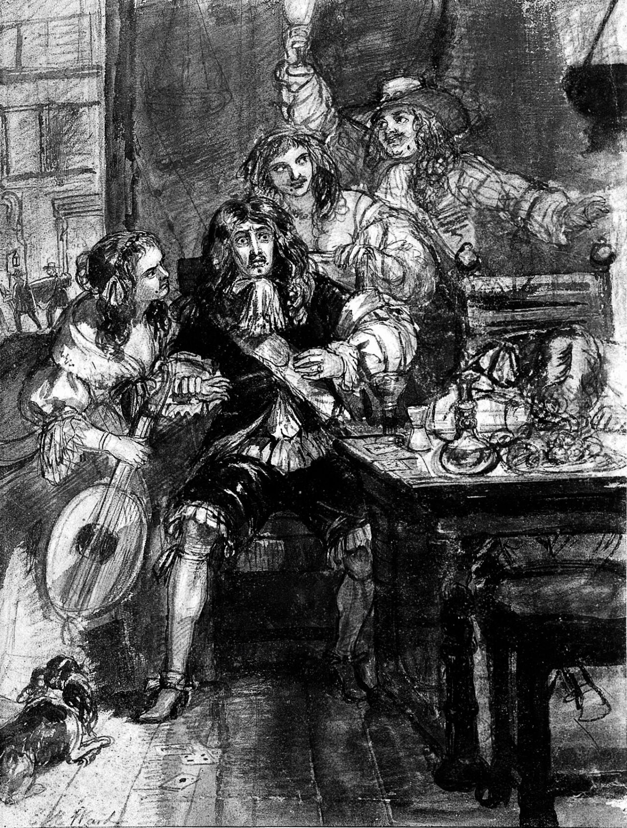 A terrified man realizing he has just contracted the plague, surrounded by a group of people. Chalk drawing by E.M. Ward, 1848., 1848, by Edward Matthew Ward