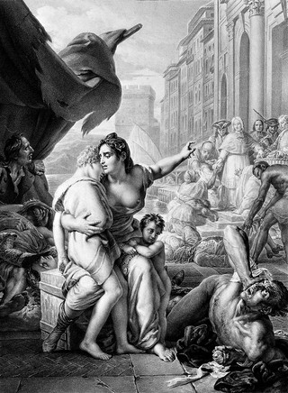 Allegorical female figure assisting victims of the 1720 plague in Marseille. Lithograph by H. Aubry-Lecomte, 1835, after F. Gérard, 1834.