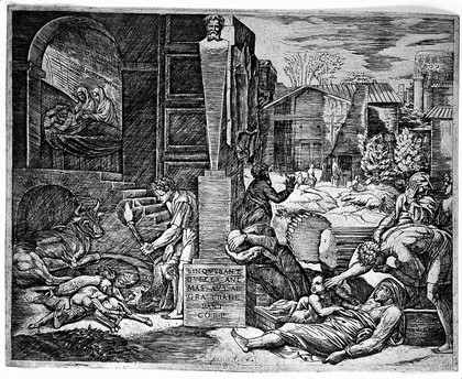 Plague in Phrygia. Engraving by M. Raimondi after Raphael after Virgil.