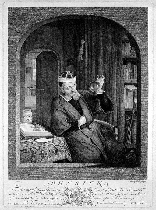 A physician examining a urine specimen in his surgery. Engraving by A. Walker, 1763, after A. van Ostade.