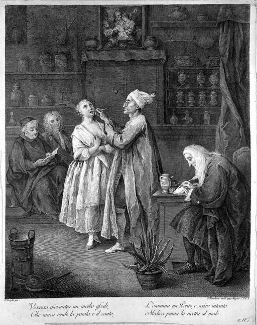 An apothecary in his shop examines the throat of a young female singer, an apprentice takes notes and other patients wait their turn. Line engraving by F. Bartolozzi after P. Longhi.