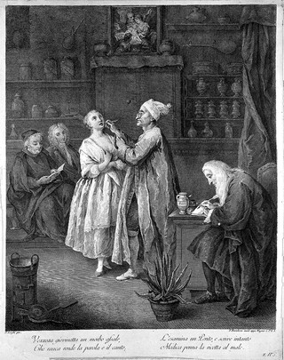 An apothecary in his shop examines the throat of a young female singer, an apprentice takes notes and other patients wait their turn. Line engraving by F. Bartolozzi after P. Longhi.