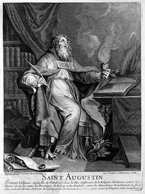 Saint Augustine of Hippo. Line engraving by M. Dossier after A. Dieu.