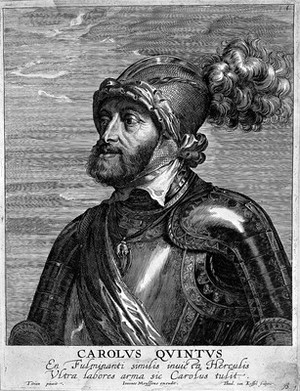 view The Emperor Charles V. Engraving by Th. Kessel, 16--, after Titian.