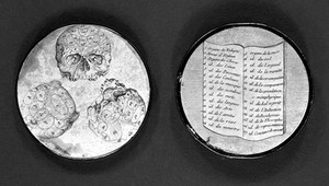 view Phrenological snuff-box. The lid bears different views of the skull (anterior and lateral) with the Gall-Spurzheim areas marked out into 27 organs, each numbered. The key to these numbers is on the bottom of the box.