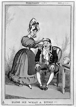A smartly dressed woman examining the head of a military man. Coloured etching attributed to W. Heath, ca 1830.