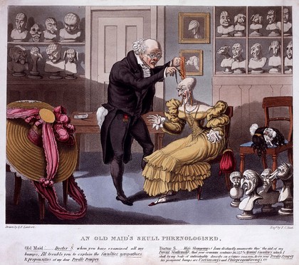 Franz Joseph Gall measuring the head of a bald, elegantly dressed old lady; her pet poodle is entwined in her wig on a chair. Coloured aquatint by F.C. Hunt after E.F. Lambert, ca. 1823.