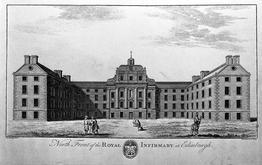 The Royal Infirmary with figures and coat of arms, Edinburgh, Scotland. Line engraving by P. Fourdrinier after P. Sandby.