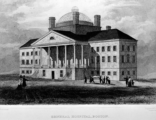 Patient being carried to Boston General hospital on a stretcher. Coloured line engraving by Fenner Sears & Co., 1831, after R. Goodarce.