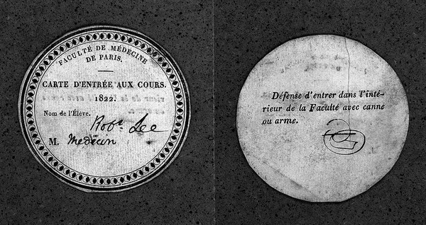 Card admitting Robert Lee to medical lectures, Paris, 1822