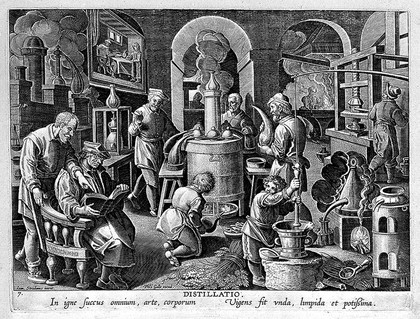 Chemists and workers operating distilling apparatus in a laboratory. Engraving by P. Galle (?) after J. van der Straet.