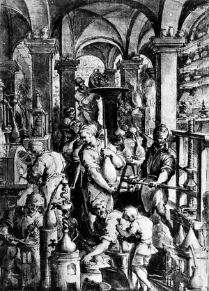 view Alchemist's Laboratory, Jan van der Straet. 16th C