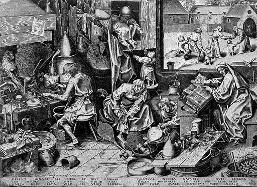 An alchemist in his laboratory with his family: to the right they are shown calling at the poorhouse, destitute after the husband's obsessive, fruitless experiments. Engraving by H. Cock after P. Bruegel, 1558.