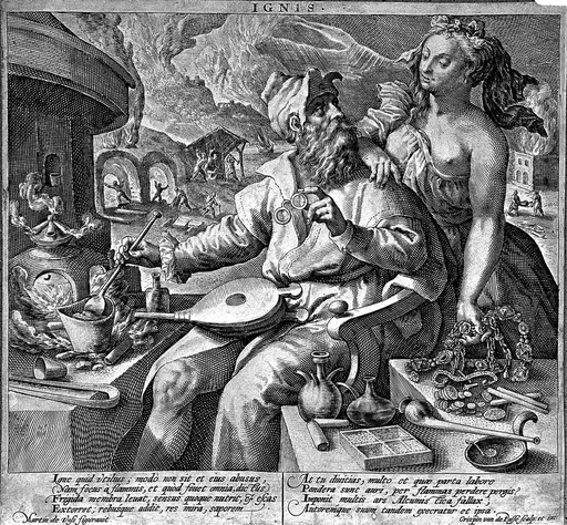 A young woman, probably Prudentia, warns an alchemist of the dangers of abusing fire: in the background fires rage in buildings and mines. Engraving by C. de Passe after M. de Vos, 16th century.