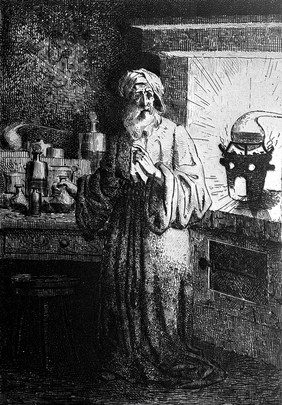 Hennig Brand, the German alchemist, discovering phosphorus. Etching, 19th century.