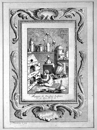 An infant blowing bellows into a furnace; allegory of the role of N. Lefevre in chemistry. Etching (portrait) after R.M. Pariset, and etching (border) by J-G. Blanchon after himself.