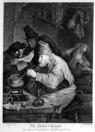 An alchemist hunched over his crucible; an assistant reads him a recipe, watched by an onlooker; the alchemist's wife weeps in the dim background, a baby clasped to her breast. Engraving by J. Boydell, c. 1760, after J. Steen.