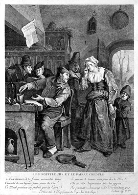 A group of three 'puffers' (uninitiated alchemists) reading books, and a credulous peasant trying his luck at alchemy, his weeping wife and miserable child trying to detain him from alchemical pursuit. Engraving by F. Godefroy after J. Steen.