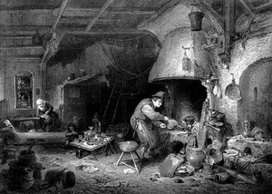 view An alchemist with his family in their dim dwelling, work bellows at his furnace.