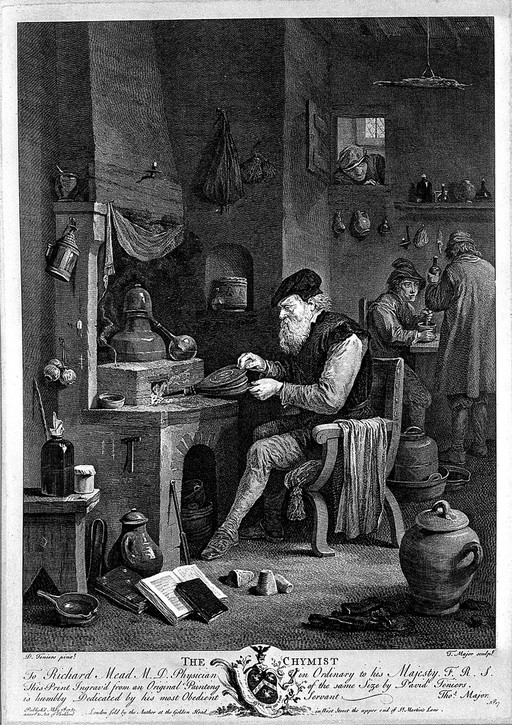 An alchemist using bellows in his furnace. Etching by T. Major, 1750, after D. Teniers the younger.