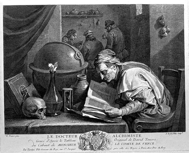 An alchemist poring over a book, on his table stand an hour-glass, a skull, and an astrological globe. Engraving by J.N. Tardieu after D. Teniers the younger, 1640/1650.