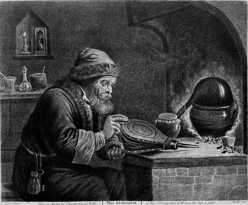 An alchemist at his furnace, hunched over bellows. Coloured etching by W. Baillie, 1792, after D. Teniers the younger.
