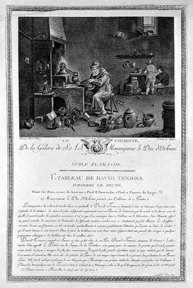 An alchemist with his assistants in his laboratory. Engraving by F.B. Lorieux and P. Michon after D. Teniers the younger, 1640/1650.