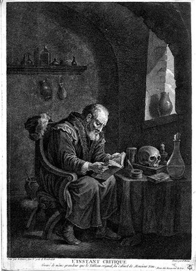 A scholar-alchemist pores over a book, searching for inspiration. Etching by F. Basan after D. Teniers the younger.