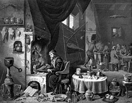 An alchemist of the 'puffer' (uninitiated) type, surrounded by equipment. Engraving by W. French after D. Teniers the younger.