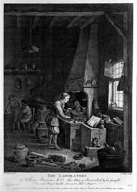 A young alchemist works a bellows at his furnace. Etching by T. Major, 1755, after D. Teniers the younger.