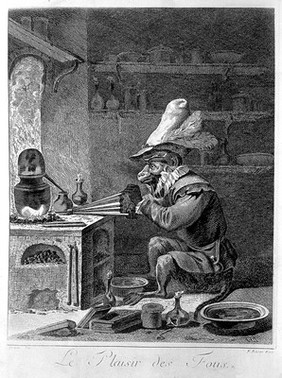 A monkey-alchemist pumps a bellows in a laboratory; alluding to the vanity of alchemy. Process print after J.P. Le Bas after D. Teniers the younger.