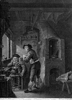 A young man blowing a bellows, while an alchemist, chemist or goldsmith watches through spectacles. Engraving by C. Guttenberg after F. van Mieris.