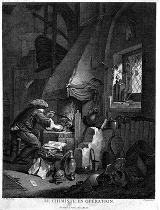 An alchemist stoking a furnace in a dimly lit room, as daylight shines through a window. Engraving by P-F. Basan after T. Wyck.