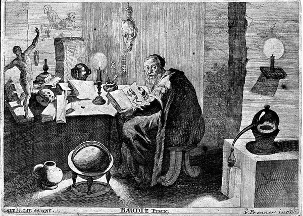 A philosopher in his study, reading a book containing a print of a skeleton. Etching by J.A. von Prenner, 1728, after C. Paudiss.