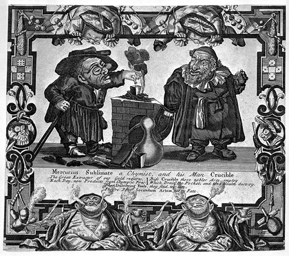 A dwarf alchemist and his assistant standing by a crucible. Etching, 18th century.