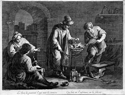 An alchemist working with his assistants at a crucible. Etching by F. Pedro after F. Maggiotto.