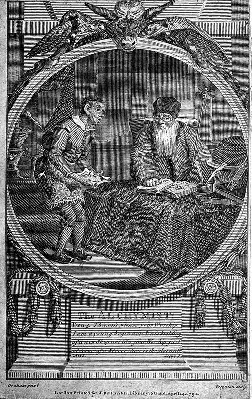 Subtle the alchemist, posing as an astrologer, being visited by Abel Drugger, in Ben Jonson's 'The alchemist'. Engraving by C. Grignion, 1791, after J. Graham.