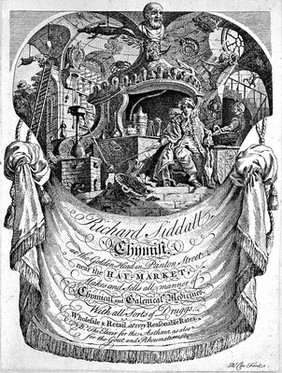 A chemist, surrounded by symbols and instruments of chemistry, advertising Richard Siddall, chemist in London. Etching by R. Clee, ca. 1750, after J. de Lajoue, ca. 1735.