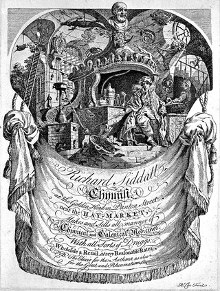 A chemist, surrounded by symbols and instruments of chemistry, advertising Richard Siddall, chemist in London. Etching by R. Clee, ca. 1750, after J. de Lajoue, ca. 1735.